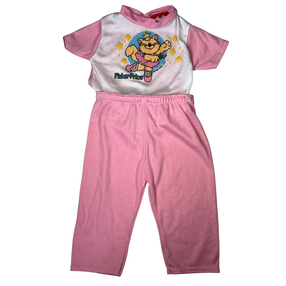 Vintage 1989 Fisher Price Ballerina Cat Pink White Snap On Pants Outfit 18 month